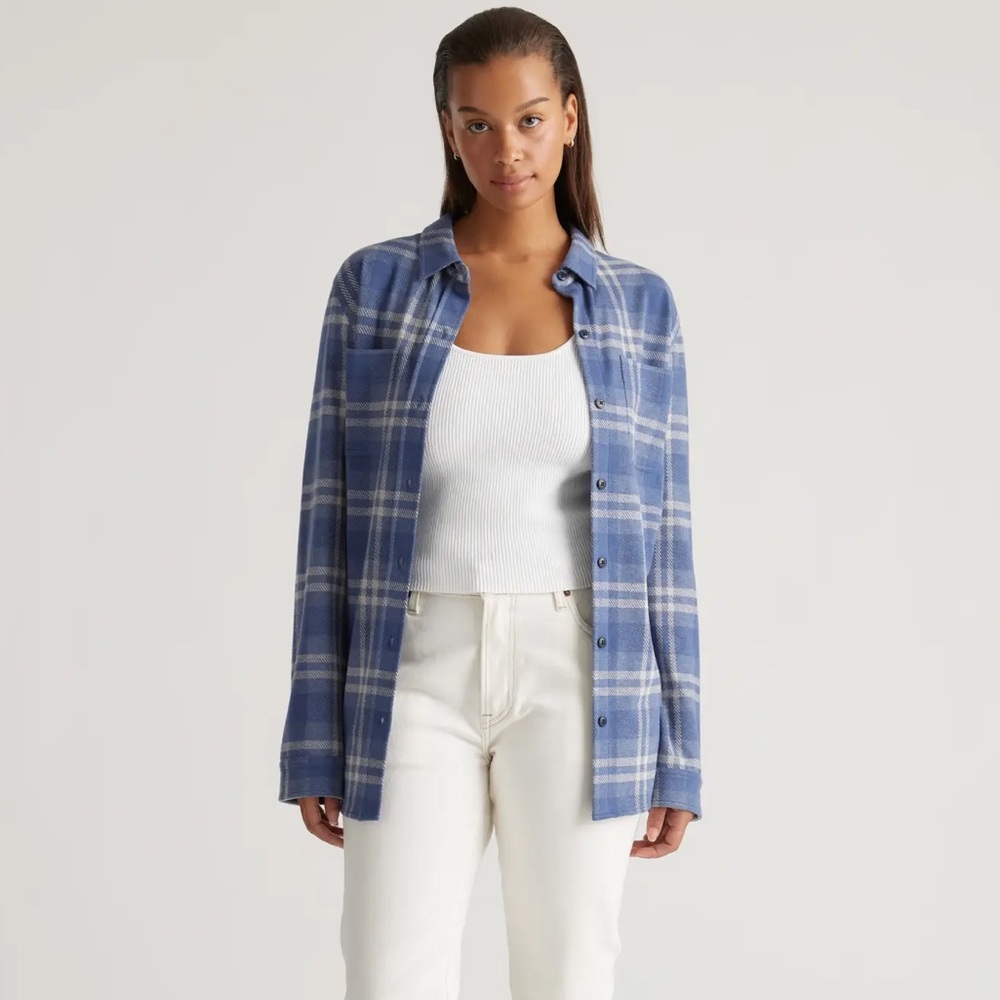 Quince Stretch Sweater Fleece Shirt Blue Medium Indigo Check Fleece Plaid